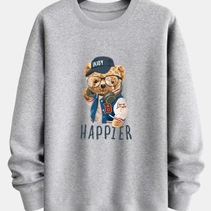 Baseball Jacket Bear Slogan Print Relax Fit Sweatshirt