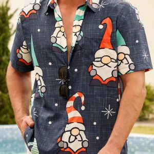 Casual Style Holiday Series Retro Christmas Christmas Gnome Element Pattern Lapel Short-Sleeved Shirt Print Top