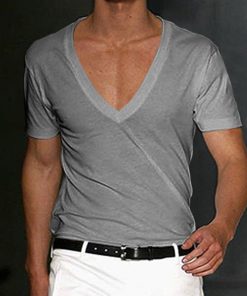 Alternative view of Men's Basic White Deep V-Neck Cotton Short Sleeve T-Shirt