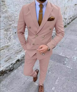 Business Solid Lapel Collar Double Breasted Blazer & Pants 2Pcs Set
