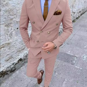 Business Solid Lapel Collar Double Breasted Blazer & Pants 2Pcs Set