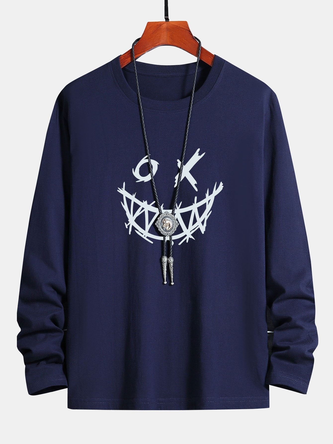 Long Sleeve Scary Face Print Cotton T-Shirt - Image 3