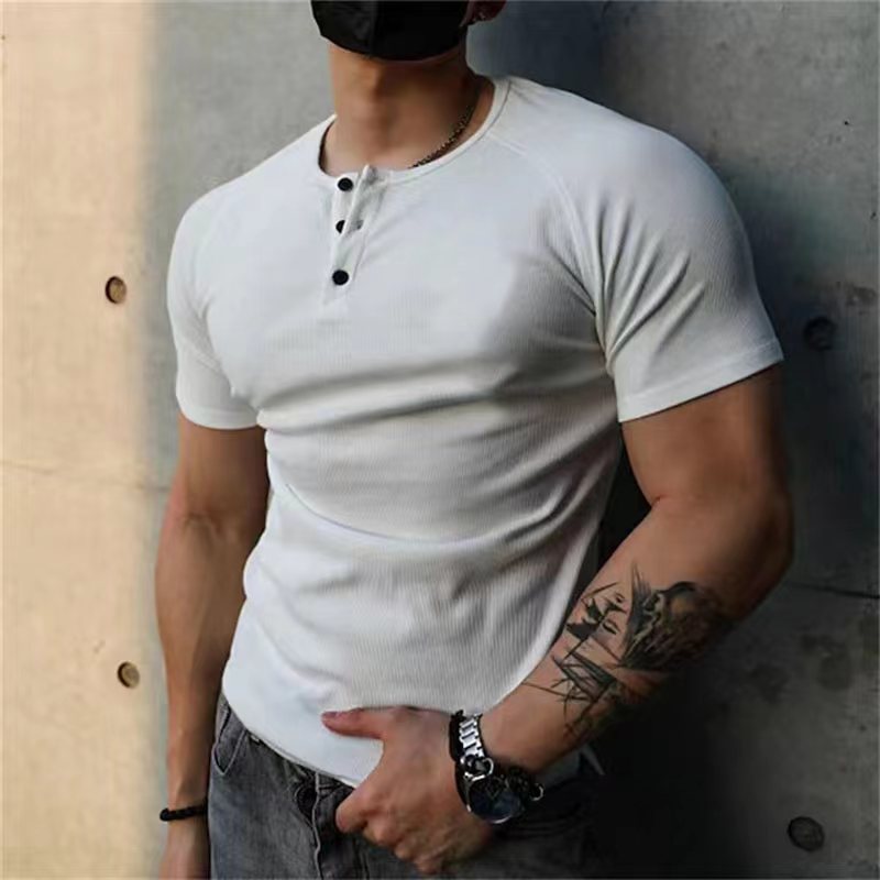 Men's Slim Simple Casual Round Neck Plain Henley T-Shirt - Image 2
