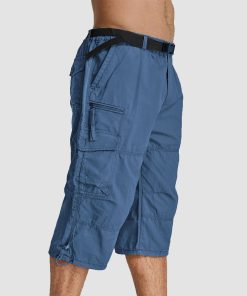 Men Summer Casual 3/4 Long Cargo Shorts Twill Cotton Elastic Waist Multiple Pockets Comfortable Capris Trousers