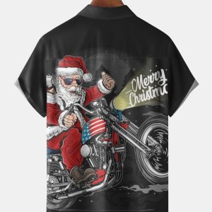 Men's Santa Print Casual Short Sleeve Shirt with Breast Pocket