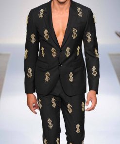 Dollar Pattern Notch Lapel Button Blazer & Pants 2Pcs Set