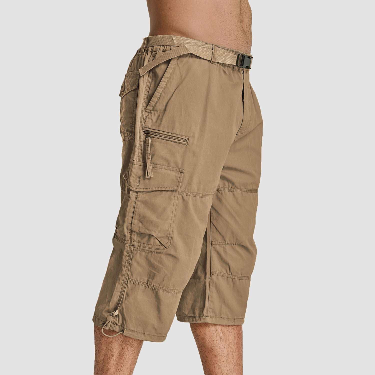 Men Summer Casual 3/4 Long Cargo Shorts Twill Cotton Elastic Waist Multiple Pockets Comfortable Capris Trousers - Image 17