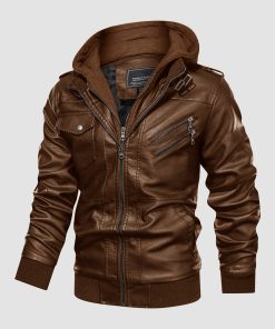 Men's Stand Collar PU Faux Leather Jacket 6 Pockets Motorcycle Bomber Fall Winter Jacket with a Removable Hood