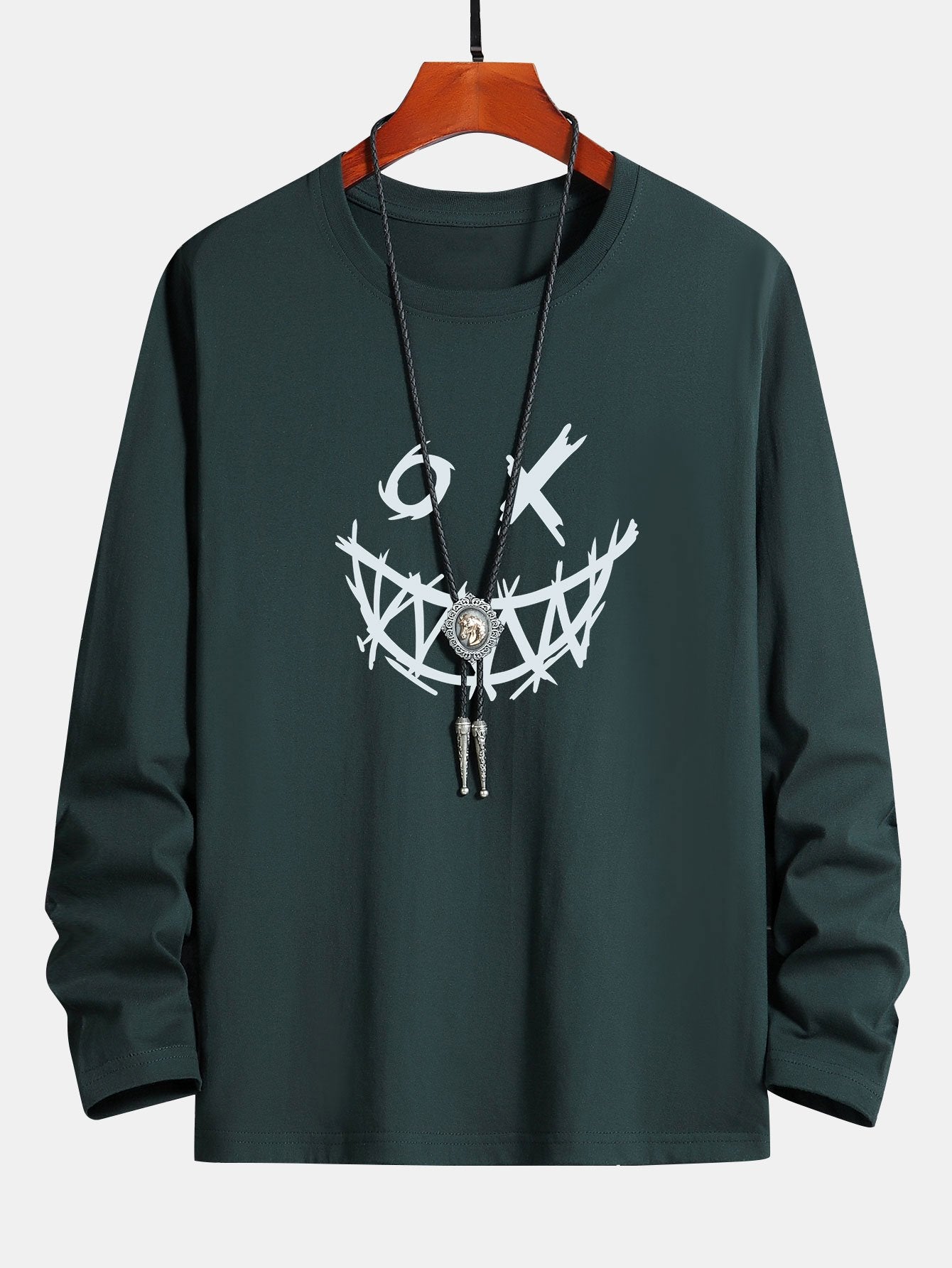 Long Sleeve Scary Face Print Cotton T-Shirt - Image 5