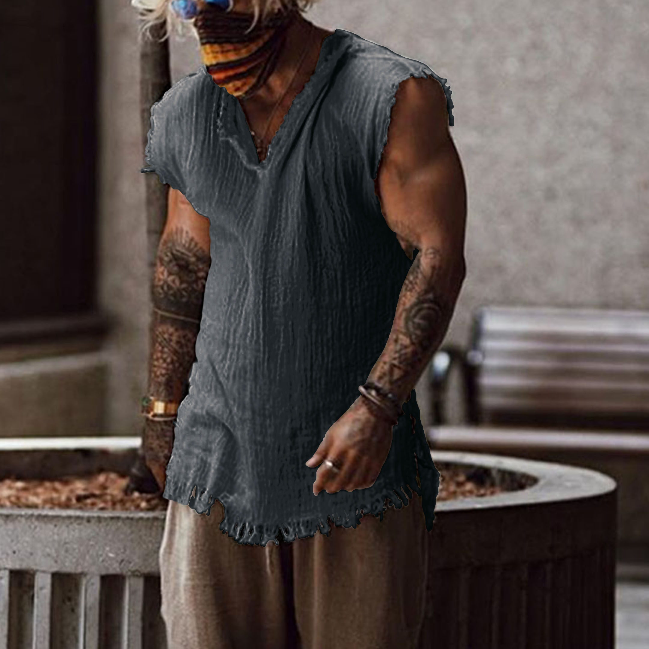 Men's Linen Holiday Plain Tank Top - Image 4