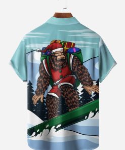 Christmas Bigfoot Chest Pocket Short Sleeve Casual Shirt
