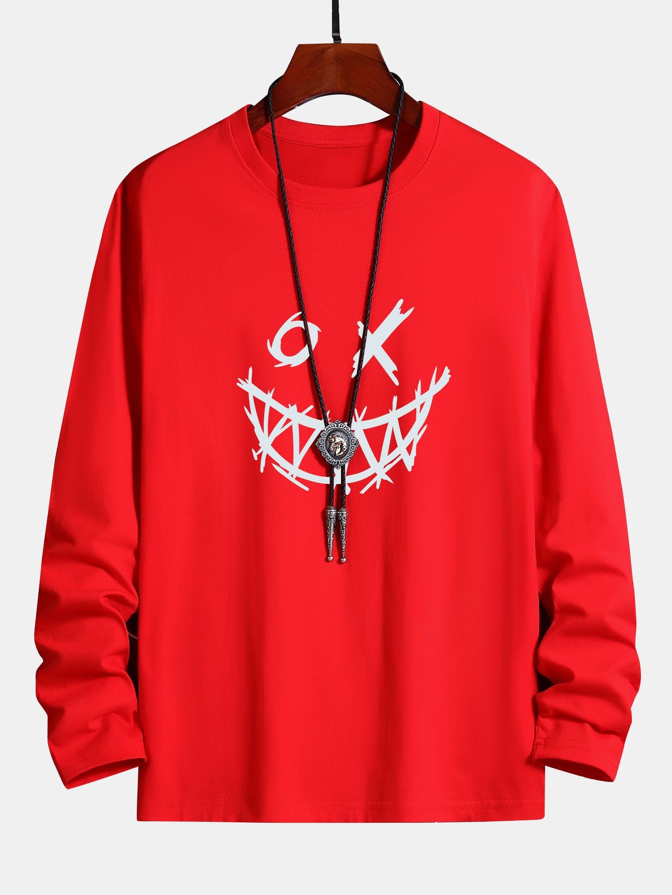 Long Sleeve Scary Face Print Cotton T-Shirt - Image 6