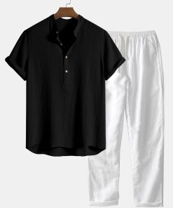 Alternative view of Wrinkled Cotton Half Open Placket Henley Collar Shirt & Straight Leg Linen Pants