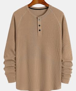 Long Sleeve Arc Hem Waffle Henley Shirt