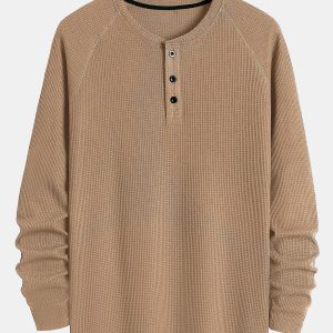 Long Sleeve Arc Hem Waffle Henley Shirt