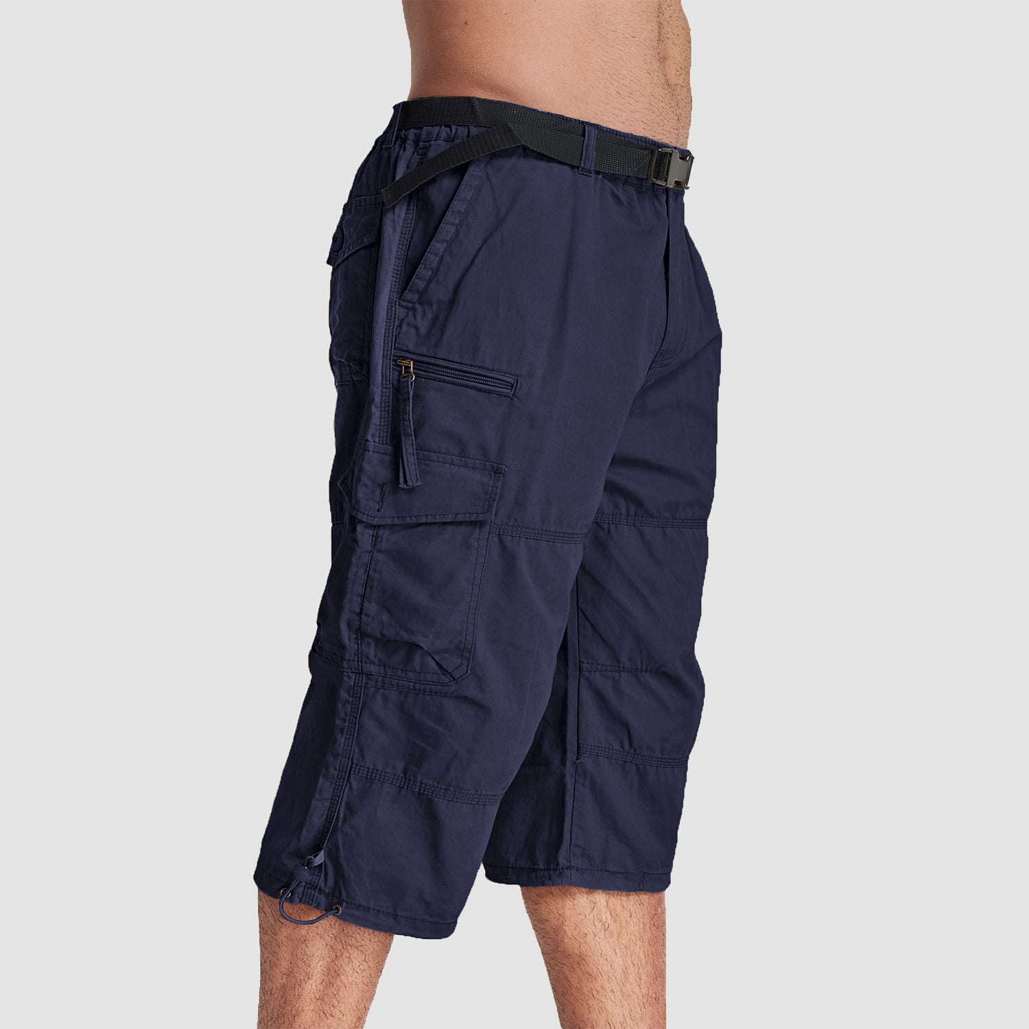 Men Summer Casual 3/4 Long Cargo Shorts Twill Cotton Elastic Waist Multiple Pockets Comfortable Capris Trousers - Image 3