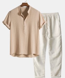 Wrinkled Cotton Half Open Placket Henley Collar Shirt & Straight Leg Linen Pants
