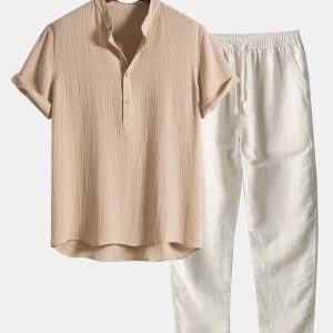 Wrinkled Cotton Half Open Placket Henley Collar Shirt & Straight Leg Linen Pants