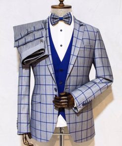 OK Dressy Plaid Blazer & Pants & Vest & Shirt & Bow Tie 5Pcs Set