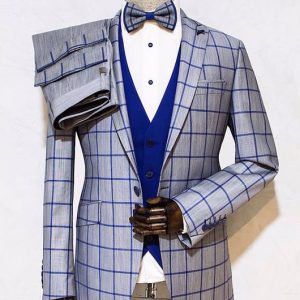OK Casual Plaid Lapel Collar Slim Fit Blazer & Pants 2Pcs Set
