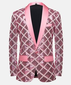 Elegant Plaid Sequin Shawl Lapel One Button Slim Fit Blazer