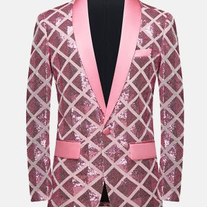 Elegant Plaid Sequin Shawl Lapel One Button Slim Fit Blazer