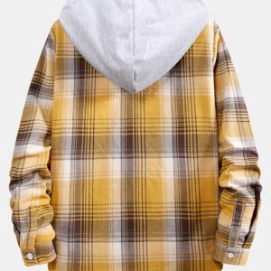 Curved Hem Contrast Hooded Plaid Shirts
