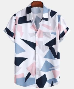 Geometric Print Button Up Shirt With Pocket & Short Length Swim Shorts