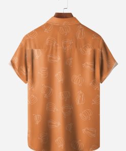 Thanksgiving Dinosaur Turkey Chest Pocket Short Sleeve Shirt