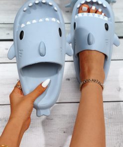 Women Blue Cartoon Shark Design Single Band Slides