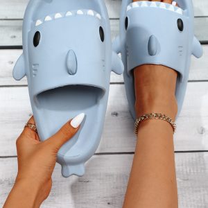 Women Blue Cartoon Shark Design Single Band Slides
