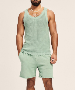 Suitmens Men's Casual Knit Sleeveless Athletic Shorts Set 06
