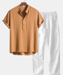 Linen Blend Striped Half Open Placket Henley Collar Shirt & Straight Leg Linen Pants