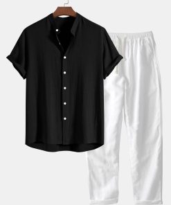 Linen And Rayon Blend Stand Collar Shirt & Straight Leg Linen Pants