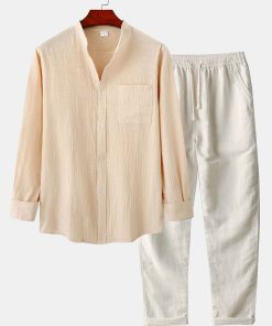 Long Sleeved Linen Look Stand Collar Shirt & Straight Leg Linen Pants