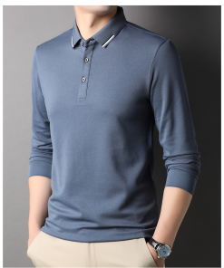 Men's gray blue lapel long sleeve polo shirt