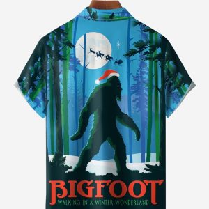 Christmas Big Foot Chest Pocket Short Sleeve Casual Shirt