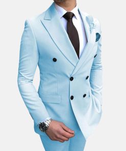 Elegant Plain Lapel Collar Double Breasted Blazer & Pants 2Pcs Set