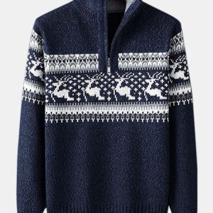 Christmas Moose Print Half Zip Sweater