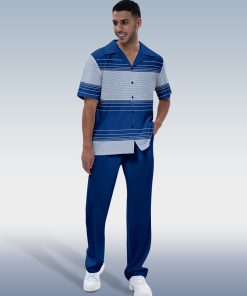 Suitmens Men's Navy Blue Line Short Sleeve Walking Suit