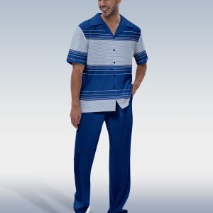 Suitmens Men's Navy Blue Line Short Sleeve Walking Suit
