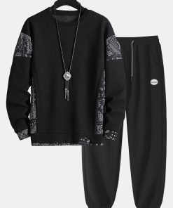 Paisley Print Panel Waffle Sweatshirt & Waffle Jogger Pants