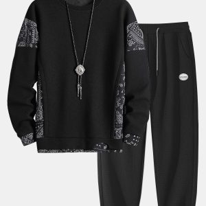 Paisley Print Panel Waffle Sweatshirt & Waffle Jogger Pants