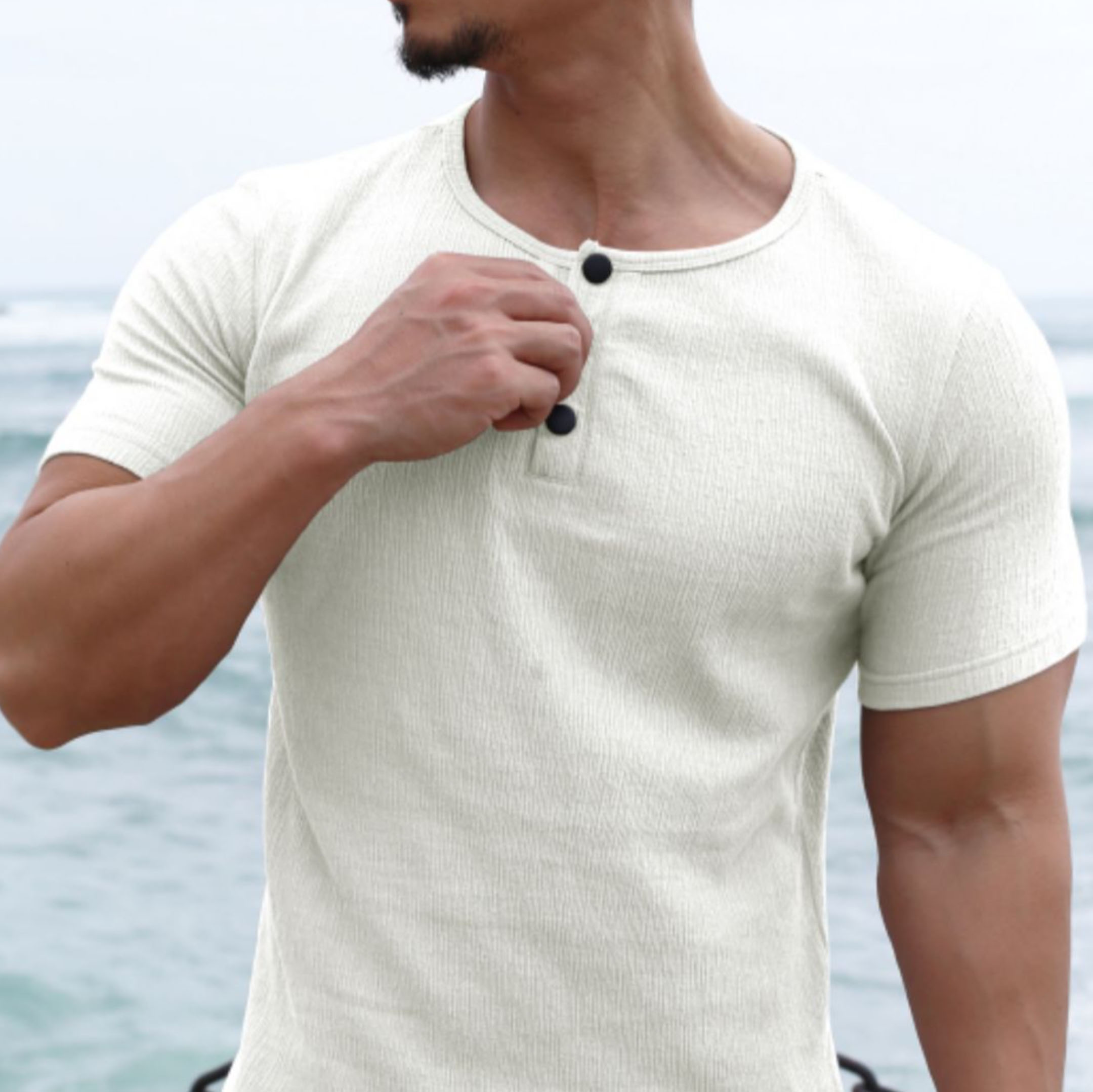 Men's Spring & Summer Henley Slim Fit Crewneck T-Shirt - Image 2