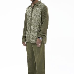 Suitmens Long Sleeve Trousers Green Cashew Blossom Two-Piece Walking Set