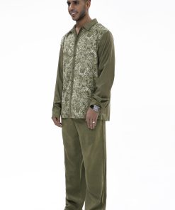 Suitmens Long Sleeve Trousers Green Cashew Blossom Two-Piece Walking Set