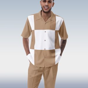 Khaki Block Walking Suit 2-Piece Short Sleeve Suit