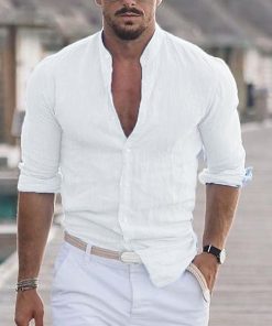 Men's Linen Solid Color Casual Stand Collar Long Sleeve Shirt