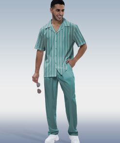 Vertical Stripe Two-Piece Short Sleeve Printed Walking Suit