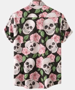 Skull Rose Print Button Up Shirt